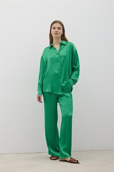 Kadın Beli Lastikli Saten Pantolon YEŞİL