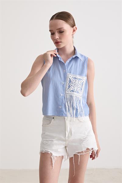 Kadın Çizgili Oversize Kolsuz Gömlek ÇİZGİLİ