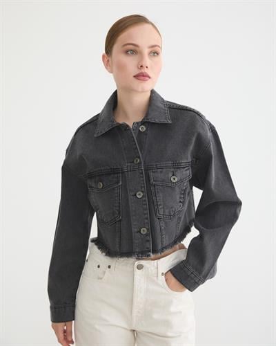 Kadın Crop Black Denim Ceket BLACK