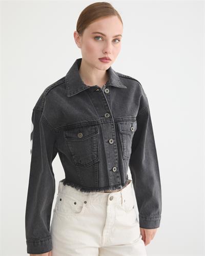Kadın Crop Black Denim Ceket BLACK