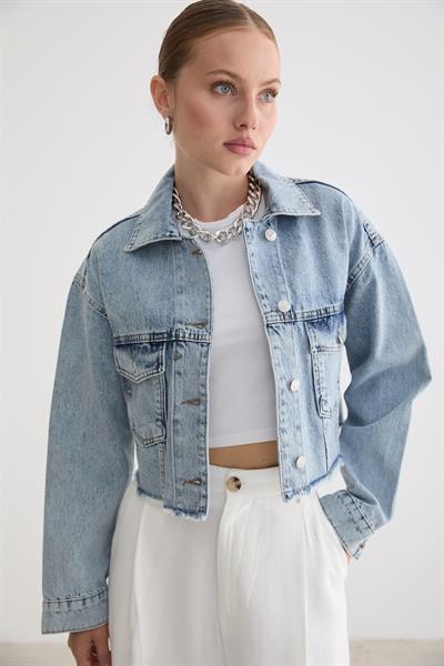 Kadın Crop Denim Ceket KAR YIKAMA