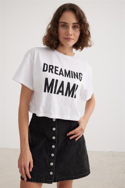 Kadın Crop Yazılı Tshirt BEYAZ