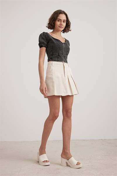Kadın Fermuarlı Crop Kot Bluz BLACK