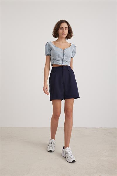 Kadın Fermuarlı Crop Kot Bluz BLUE