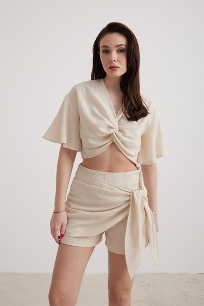 Kadın Keten Önü Bağlamalı Şort Etek TAŞ