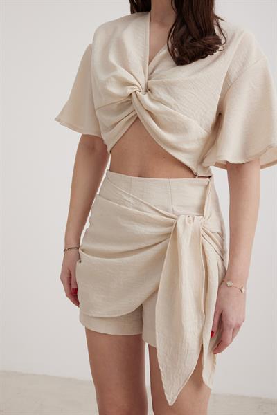 Kadın Keten Önü Bağlamalı Şort Etek TAŞ