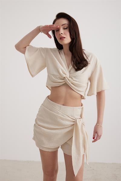 Kadın Keten Önü Bağlamalı Şort Etek TAŞ