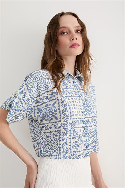 Kadın Kısa Kollu Desenli Modal Gömlek MAVİ