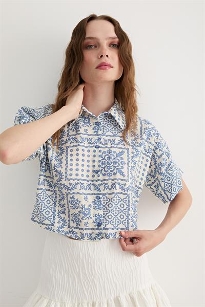 Kadın Kısa Kollu Desenli Modal Gömlek MAVİ