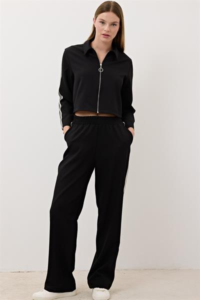 Kadın Kol Şerit Detaylı Önü Fermuarlı Ceket SİYAH