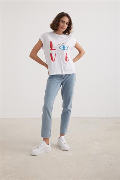Kadın Love Baskılı Basic Tshirt BEYAZ