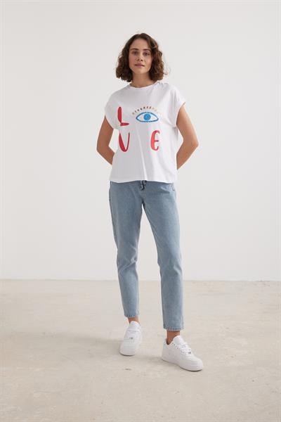 Kadın Love Baskılı Basic Tshirt BEYAZ