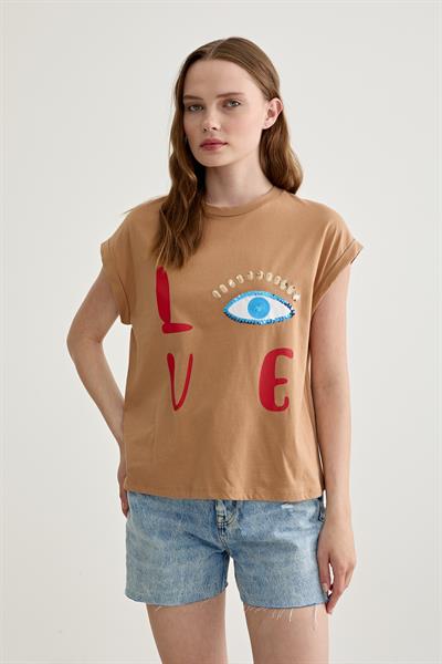 Kadın Love Baskılı Basic Tshirt BİSKÜVİ