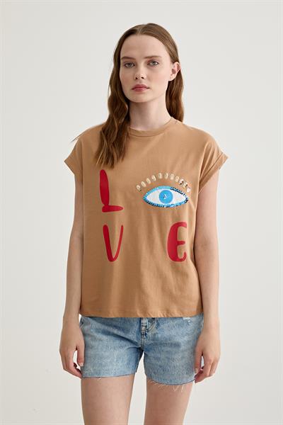 Kadın Love Baskılı Basic Tshirt BİSKÜVİ