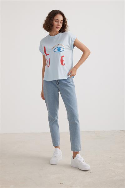 Kadın Love Baskılı Basic Tshirt MAVİ
