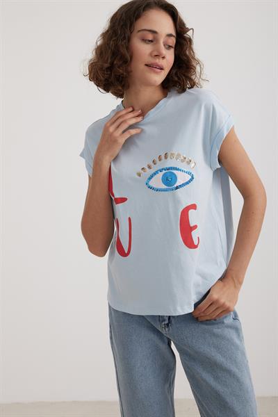 Kadın Love Baskılı Basic Tshirt MAVİ