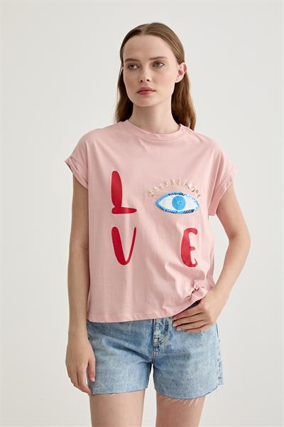 Kadın Love Baskılı Basic Tshirt PUDRA