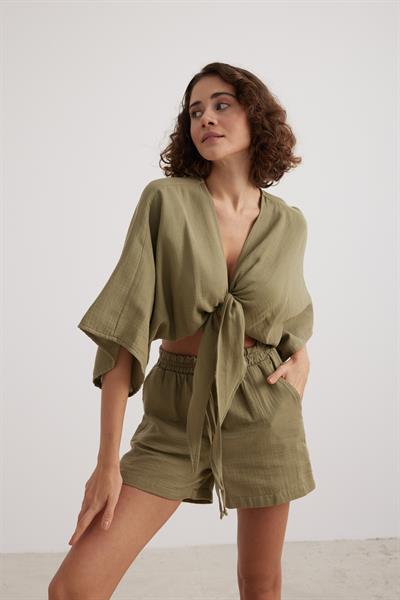 Kadın Müslin Beli Lastikli Şort HAKİ