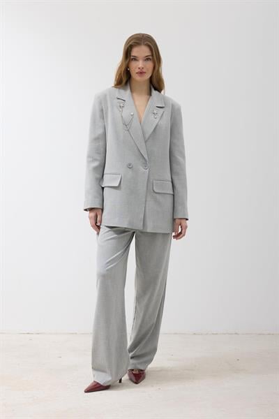 Kadın Omzu Vatkalı Düğmeli Blazer Ceket GRİ