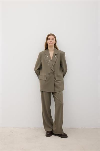 Kadın Omzu Vatkalı Düğmeli Blazer Ceket HAKİ