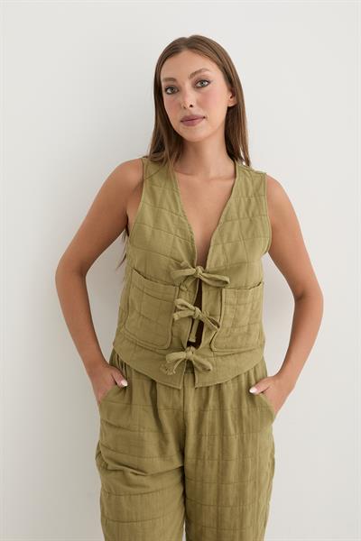 Kadın Önden Bağlamalı Desenli Kapitone Yelek HAKİ