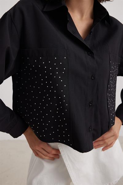 Kadın Önleri Cepli Uzun Kollu Crop Gömlek SİYAH