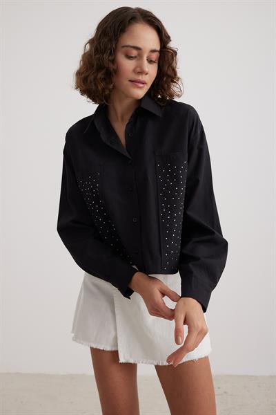 Kadın Önleri Cepli Uzun Kollu Crop Gömlek SİYAH