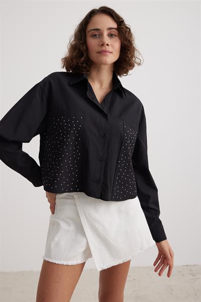 Kadın Önleri Cepli Uzun Kollu Crop Gömlek SİYAH