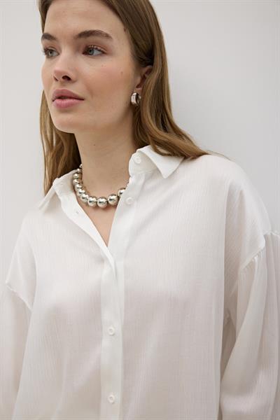 Kadın Önü Düğmeli Oversize Saten Gömlek EKRU