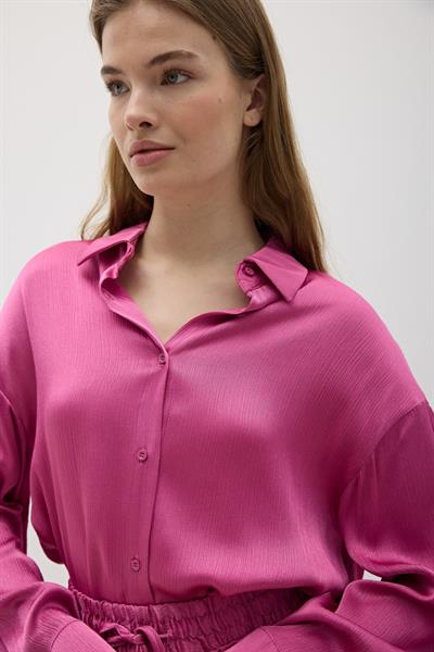 Kadın Önü Düğmeli Oversize Saten Gömlek KOYU PEMBE