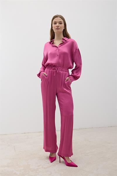 Kadın Önü Düğmeli Oversize Saten Gömlek KOYU PEMBE