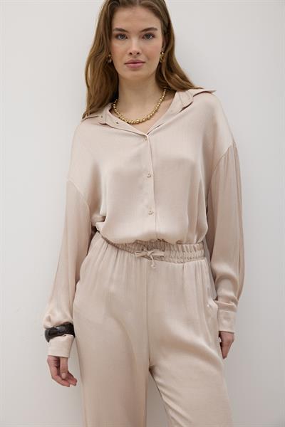 Kadın Önü Düğmeli Oversize Saten Gömlek TAŞ