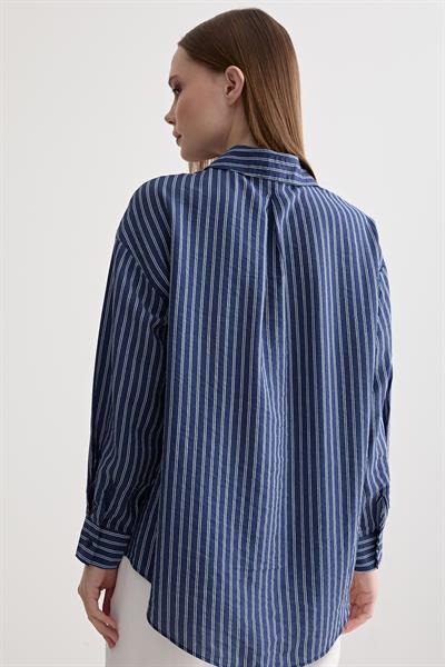 Kadın Oversize Çift Çizgili Gömlek LACİVERT
