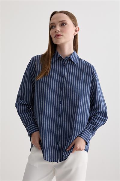 Kadın Oversize Çift Çizgili Gömlek LACİVERT