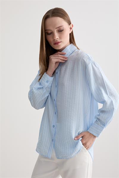 Kadın Oversize Çift Çizgili Gömlek MAVİ
