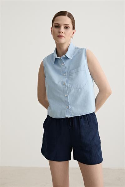 Kadın Oversize Kolsuz Kot Gömlek BUZ MAVİ