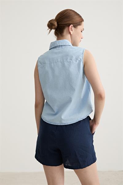 Kadın Oversize Kolsuz Kot Gömlek BUZ MAVİ