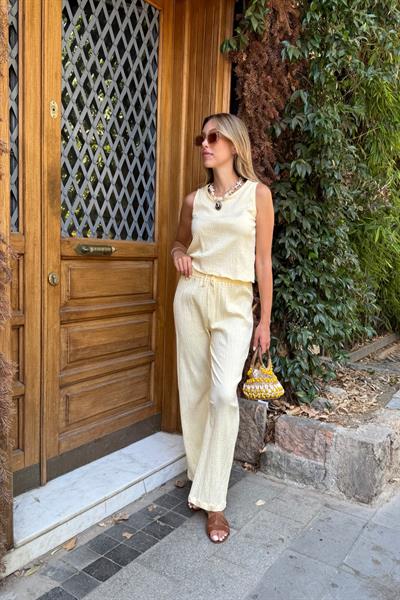 Kadın Pamuk Gipe Kumaşlı Crop Bluz SARI