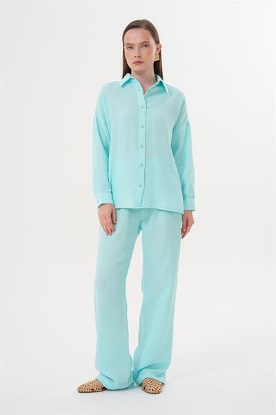 Kadın Uzun Kollu Oversize Müslin Gömlek MİNT