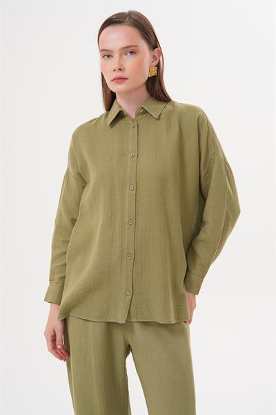 Kadın Uzun Kollu Oversize Müslin Gömlek HAKİ