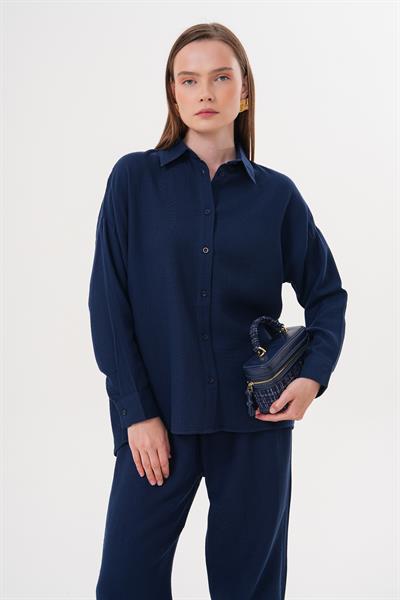 Kadın Uzun Kollu Oversize Müslin Gömlek LACİVERT
