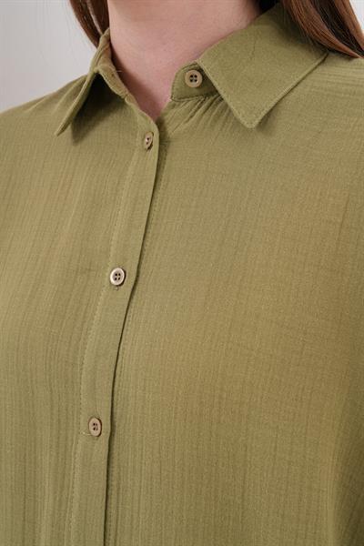 Kadın Uzun Kollu Oversize Müslin Gömlek HAKİ