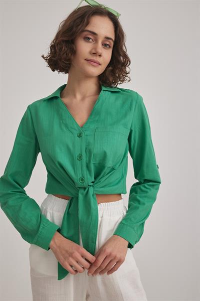 Kadın V Yaka Crop Bağlama Detaylı Gömlek YEŞİL