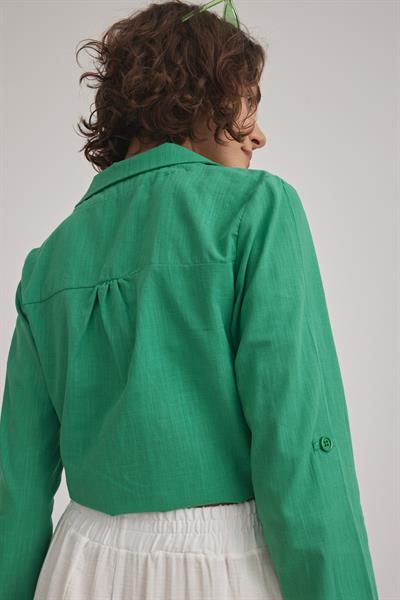 Kadın V Yaka Crop Bağlama Detaylı Gömlek YEŞİL