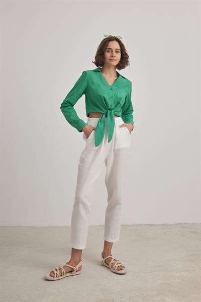 Kadın V Yaka Crop Bağlama Detaylı Gömlek YEŞİL