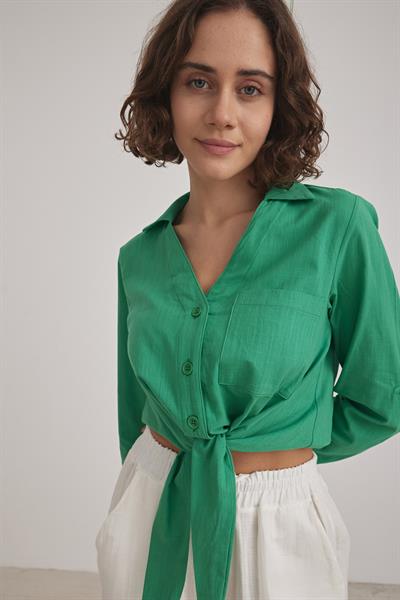 Kadın V Yaka Crop Bağlama Detaylı Gömlek YEŞİL