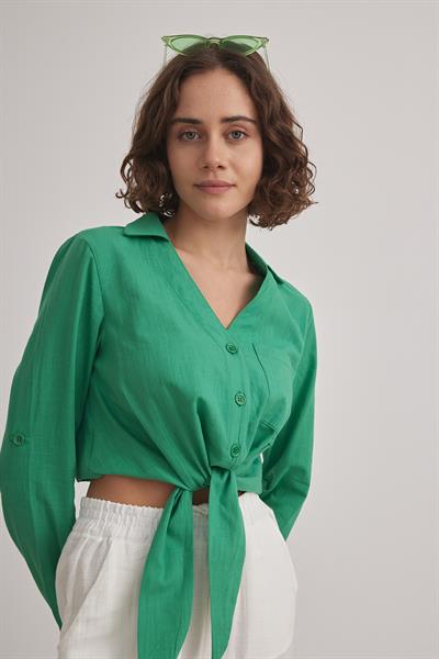 Kadın V Yaka Crop Bağlama Detaylı Gömlek YEŞİL