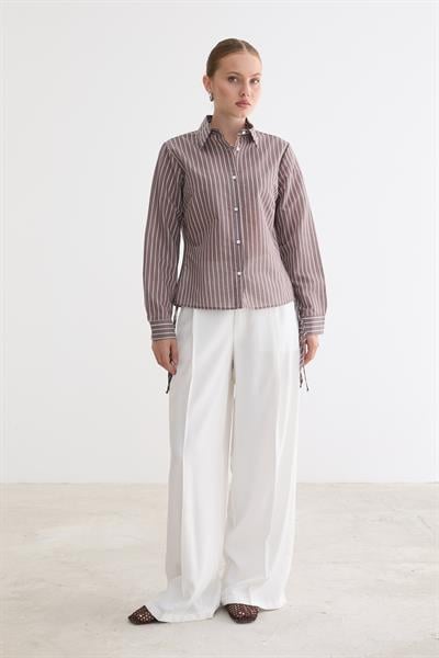 Kadın Yan Büzgülü Bağcıklı Çizgili Gömlek KAHVE