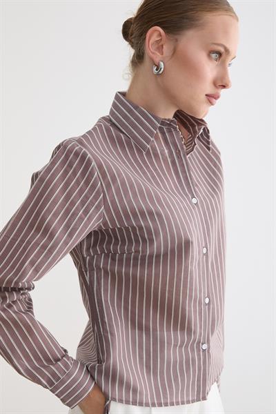 Kadın Yan Büzgülü Bağcıklı Çizgili Gömlek KAHVE