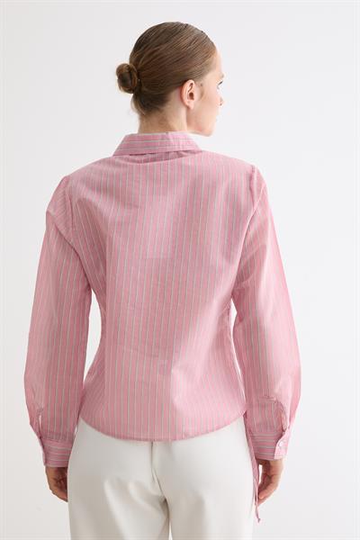 Kadın Yan Büzgülü Bağcıklı Çizgili Gömlek PEMBE